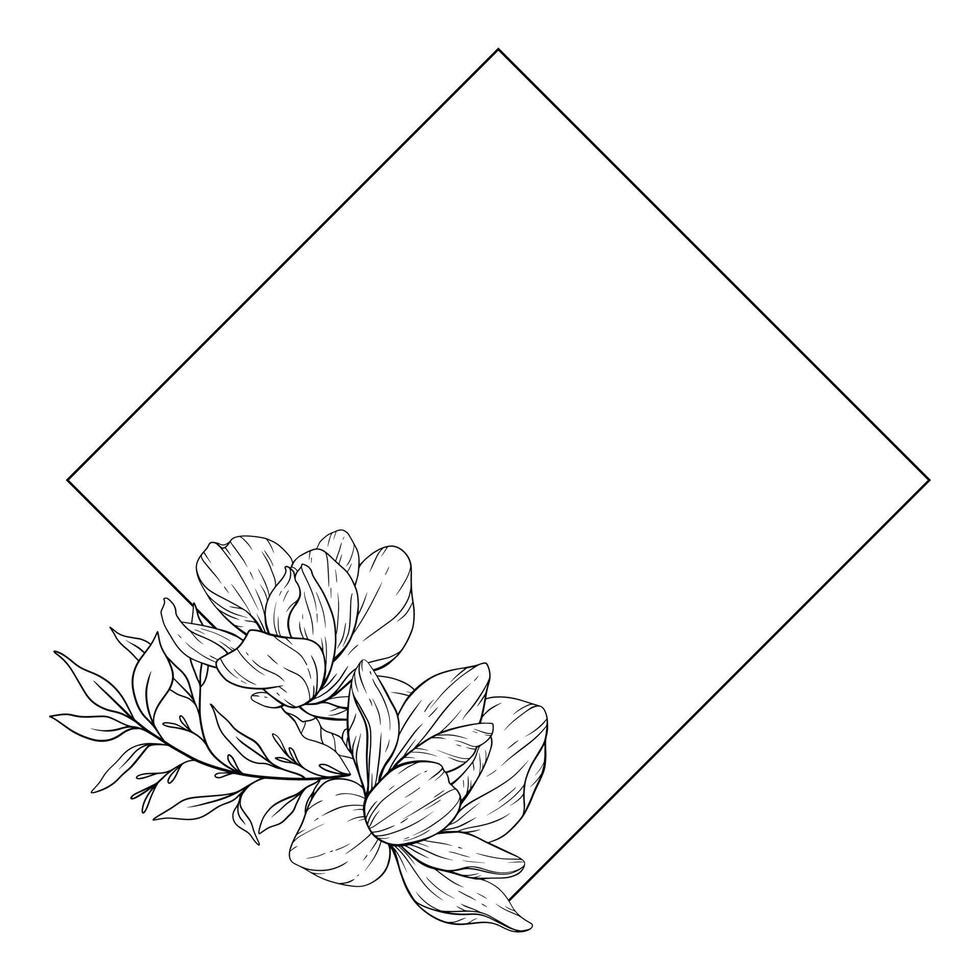 Magnolia Line Drawing. Black and white Floral Frames. Floral Line Art. Fine Line Magnolia illustration. Hand Drawn Outline flowers. Botanical Coloring Page. Wedding invitation flowers vector