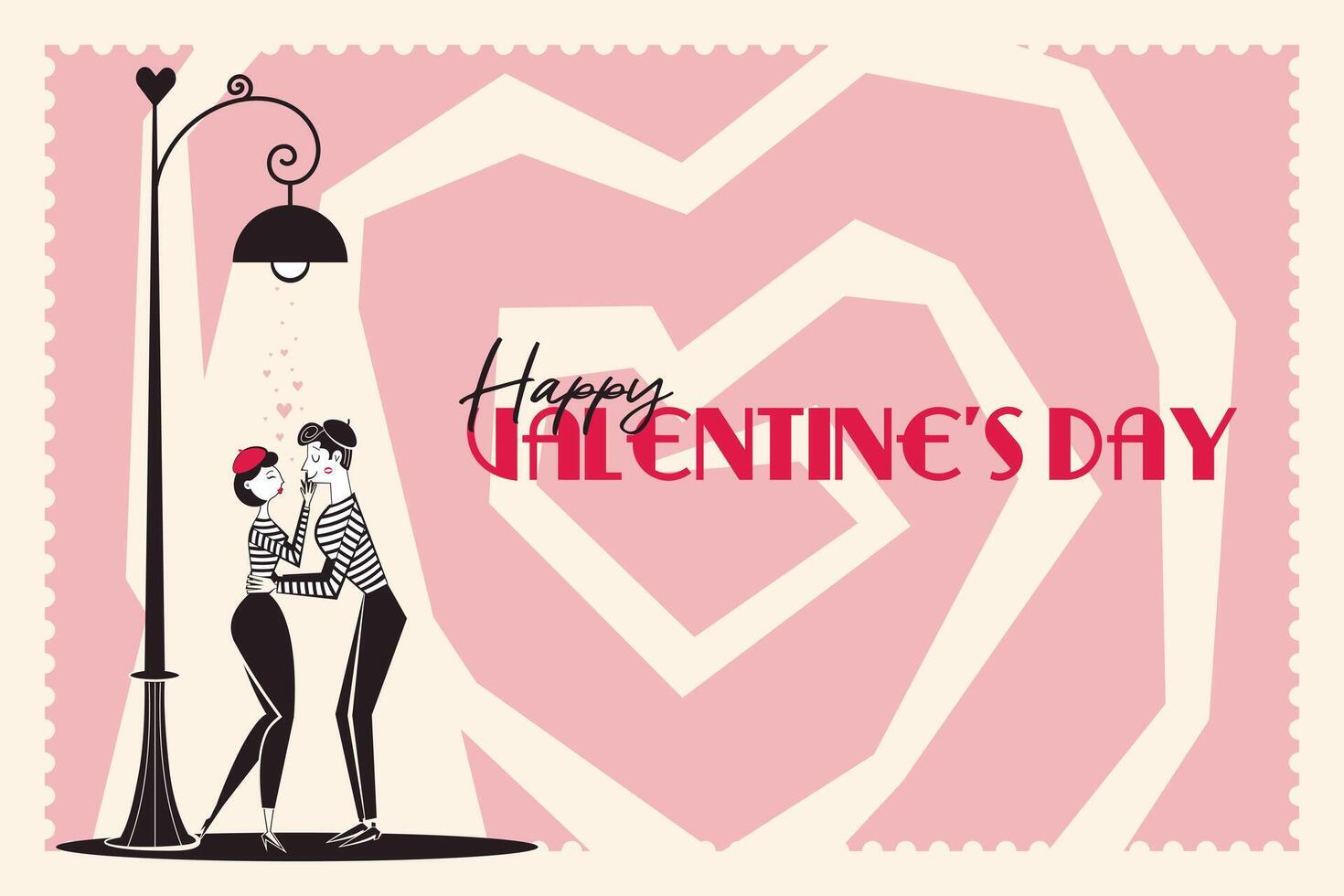 Happy Valentine's Day banner, backround. Horizontal poster with mime couple under street lamp in trendy retro style of 60s 70s. Vector illustration.