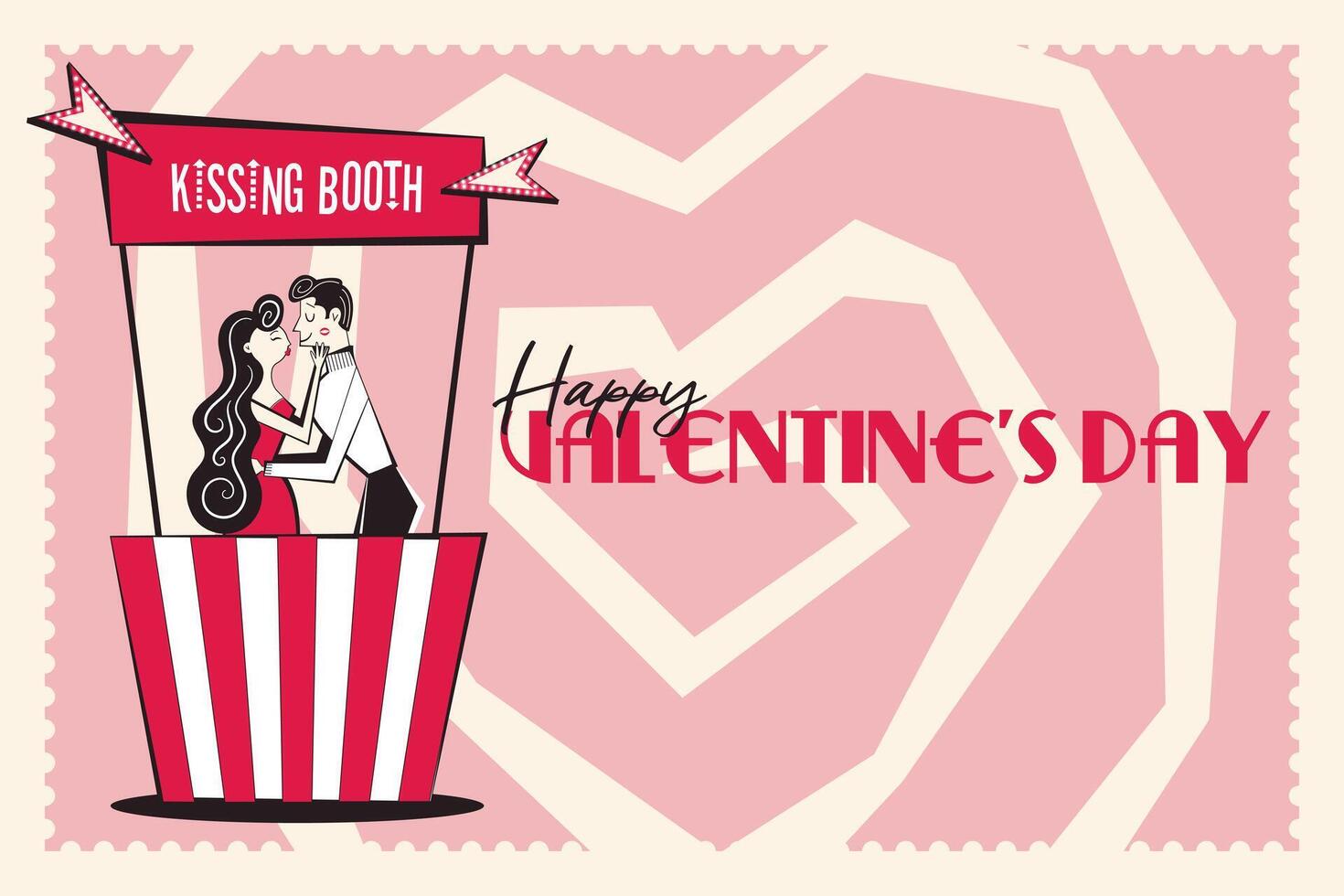 Happy Valentine's Day banner, backround. Horizontal poster with couple in the kissing booth in trendy retro style of 60s 70s. Vector illustration.