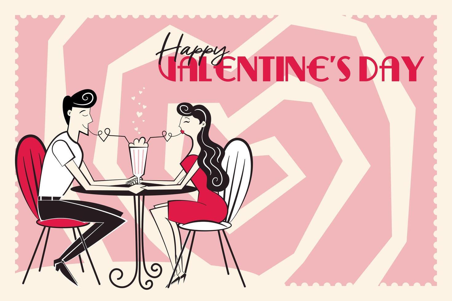 MoHappy Valentine's Day banner, backround. Horizontal poster with couple in cafe in trendy retro style of 60s 70s. Vector illustration.