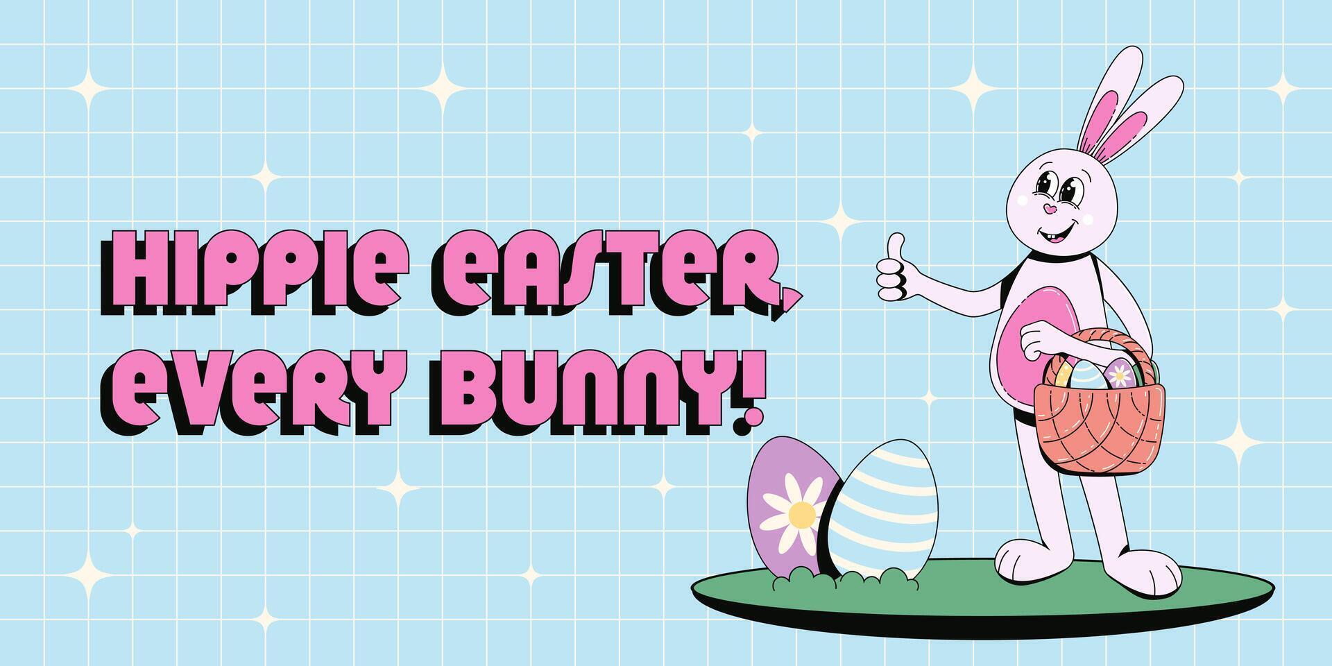 Groovy hippie Happy Easter banner, background, poster. Easter bunny with eggs in basket, greeting text. Vector illustration of cartoon character and typography in trendy retro 60s 70s style.