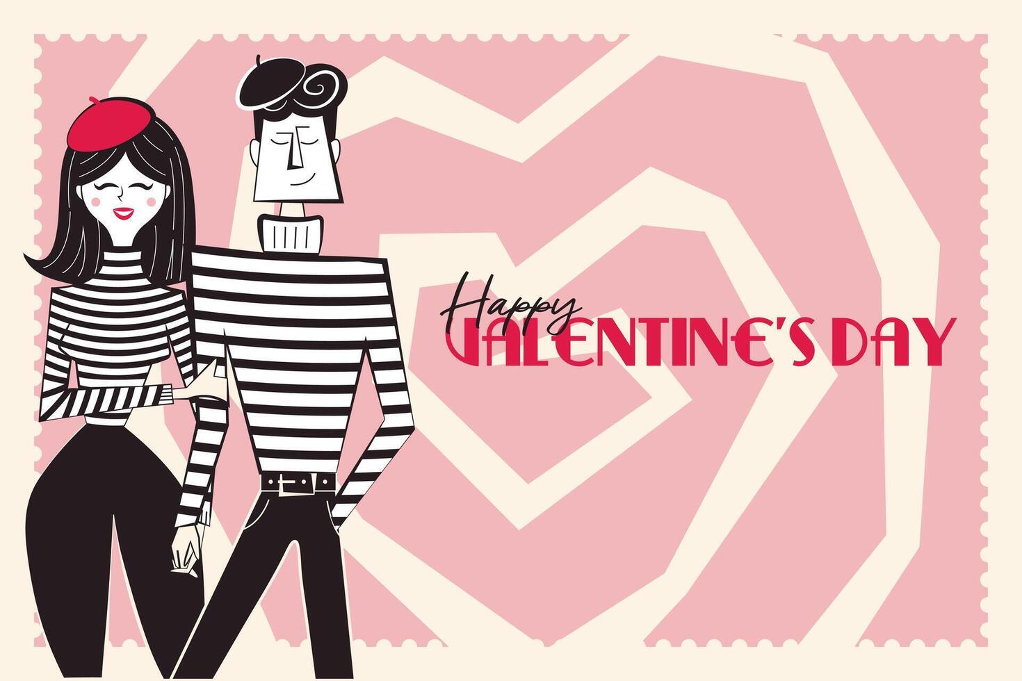 Happy Valentine's Day banner, backround. Horizontal poster with mime couple in trendy retro style of 60s 70s. Vector illustration.