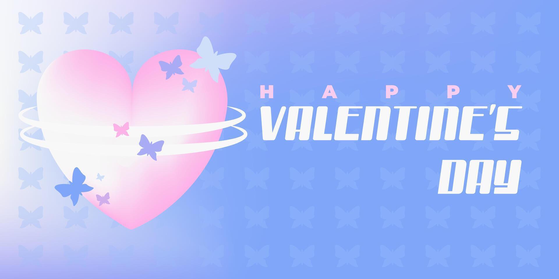 Happy Valentine's Day background, banner, poster, greeting, card. Trendy y2k style vector illustration with gradient, aura heart, shapes and typography.