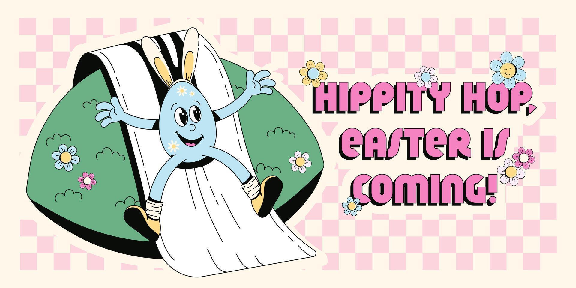 Groovy hippie Happy Easter banner, background, poster. Easter egg rolling, greeting text. Vector illustration of cartoon character and typography in trendy retro 60s 70s style.