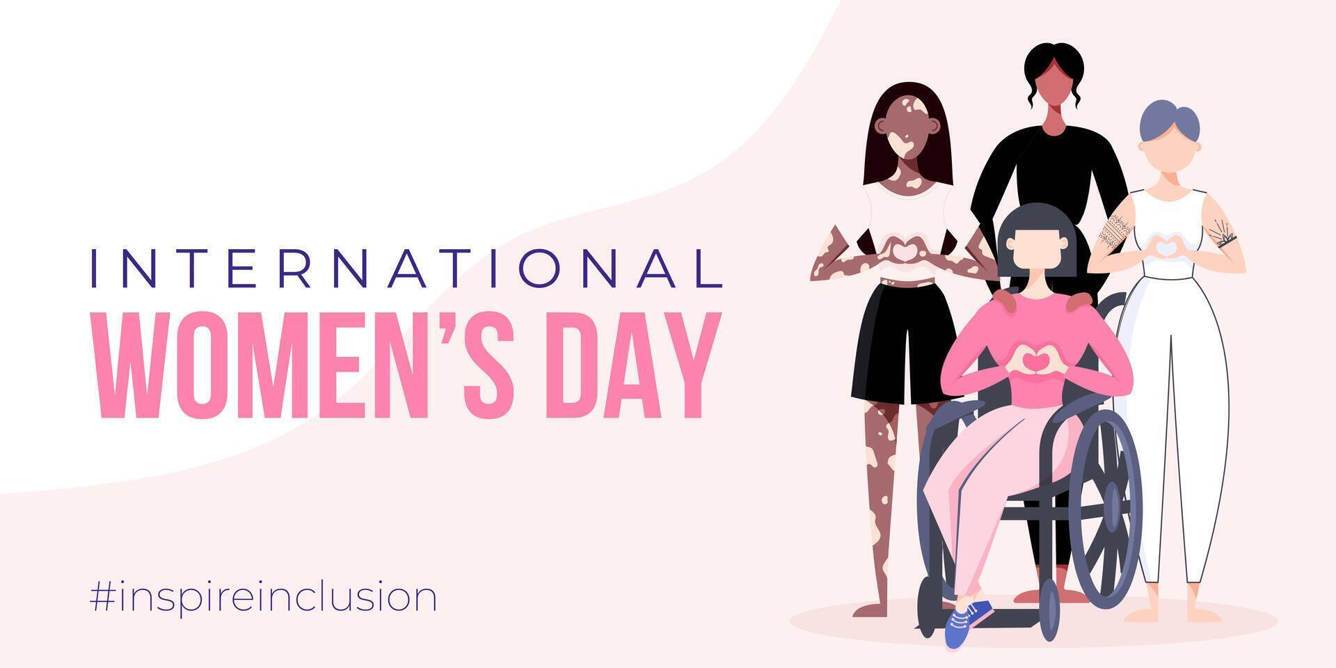 International Women's Day banner, backround, poster. Inspire inclusion 2024 campaign. Group of sportswomen of different ethnicity, age, body type, hair color vector illustration in flat style.