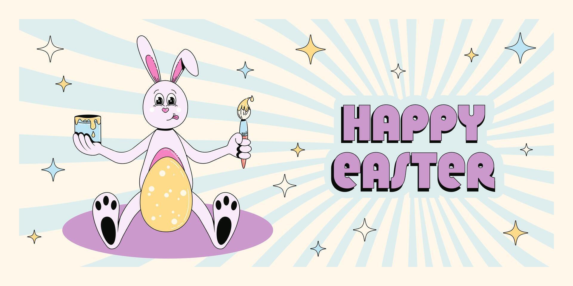 Groovy hippie Happy Easter banner, background, poster. Easter bunny paint eggs, greeting text. Vector illustration of cartoon character and typography in trendy retro 60s 70s style.