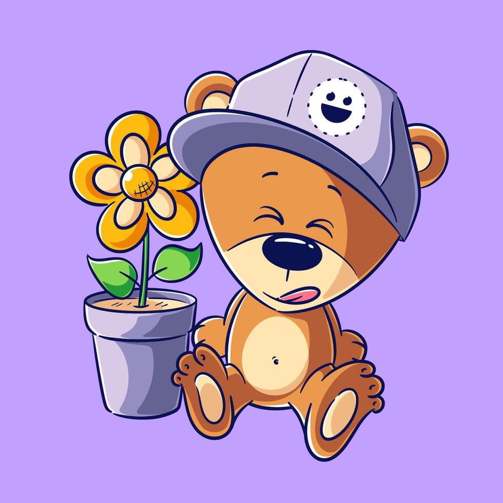 Cute bear wearing a hat sitting beside a flower pot, vector illustration