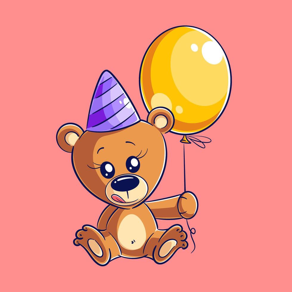 Cute bear sitting wearing birthday hat and holding balloons vector