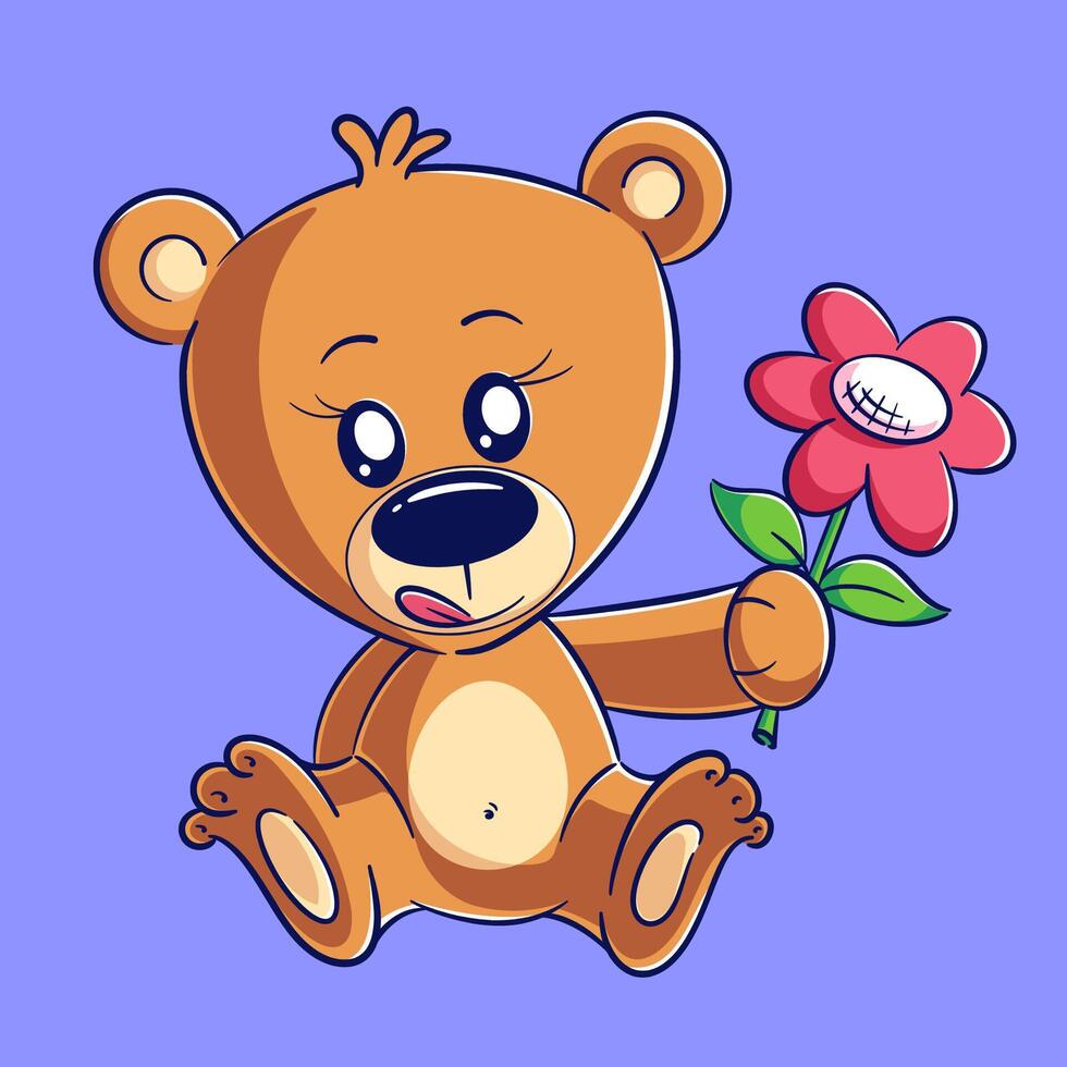 Cute bear sitting carrying flowers vector