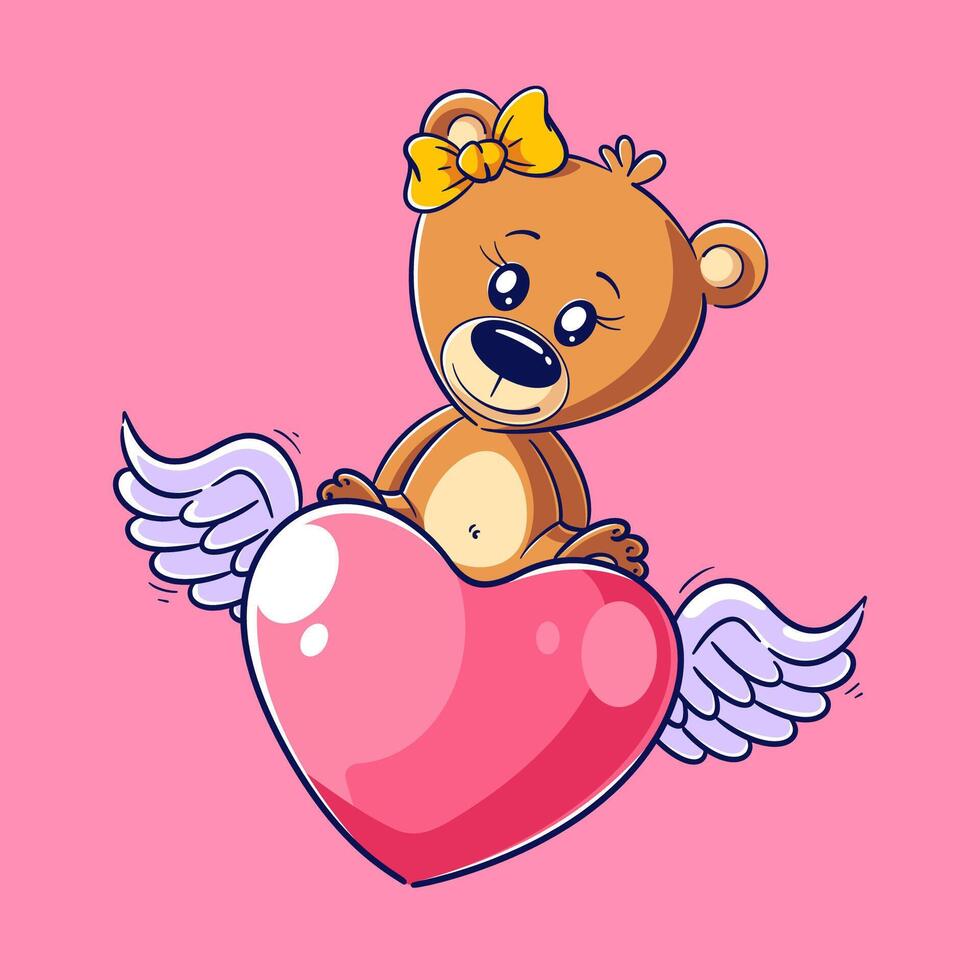 Cute bear sitting on winged heart vector