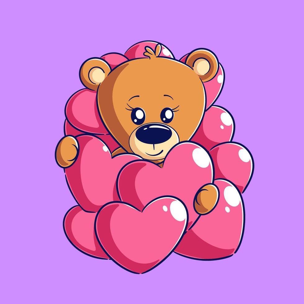 Cute bear is in a pile of hearts vector