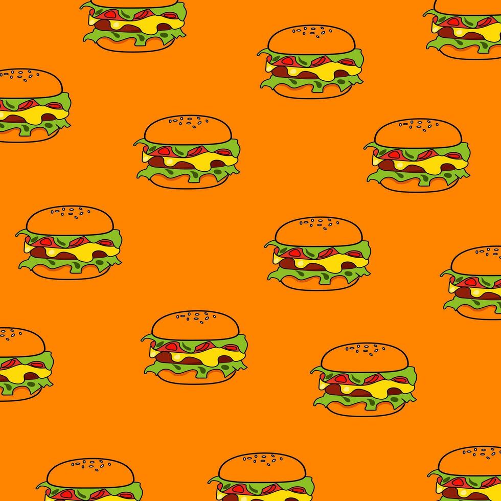 Burgers fast food pattern on yellow background vector