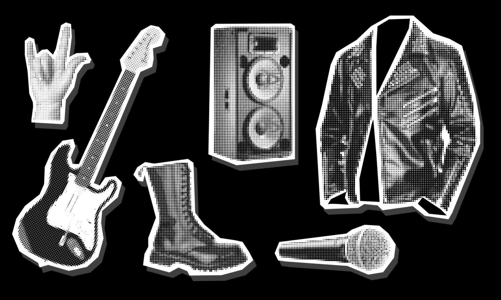 Rock set in a collage in the style of grunge pop art. Black and white image on black. Clothes look like a clipping from a magazine. Bright large and small dots create a figure. Music Monochrome art vector