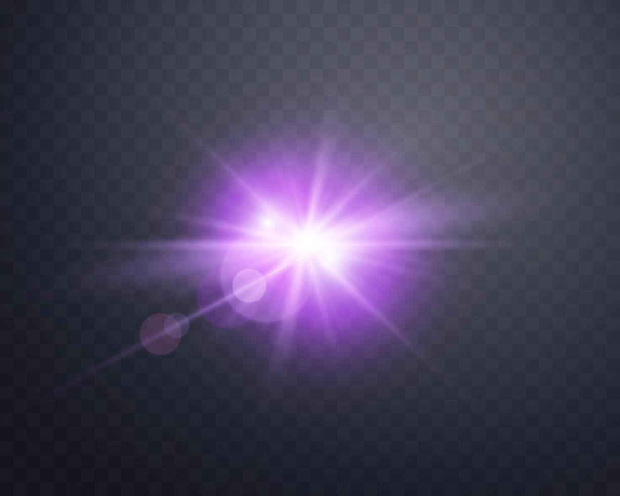 Purple sunlight lens flare, sun flash with rays and spotlight. Glowing burst explosion vector