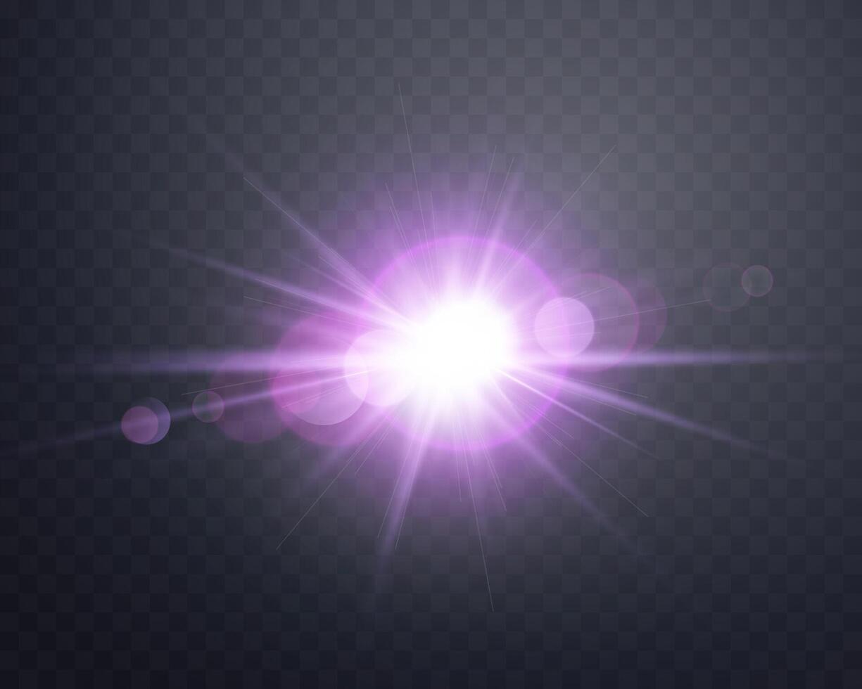 Purple sunlight lens flare, sun flash with rays and spotlight. Glowing burst explosion. vector