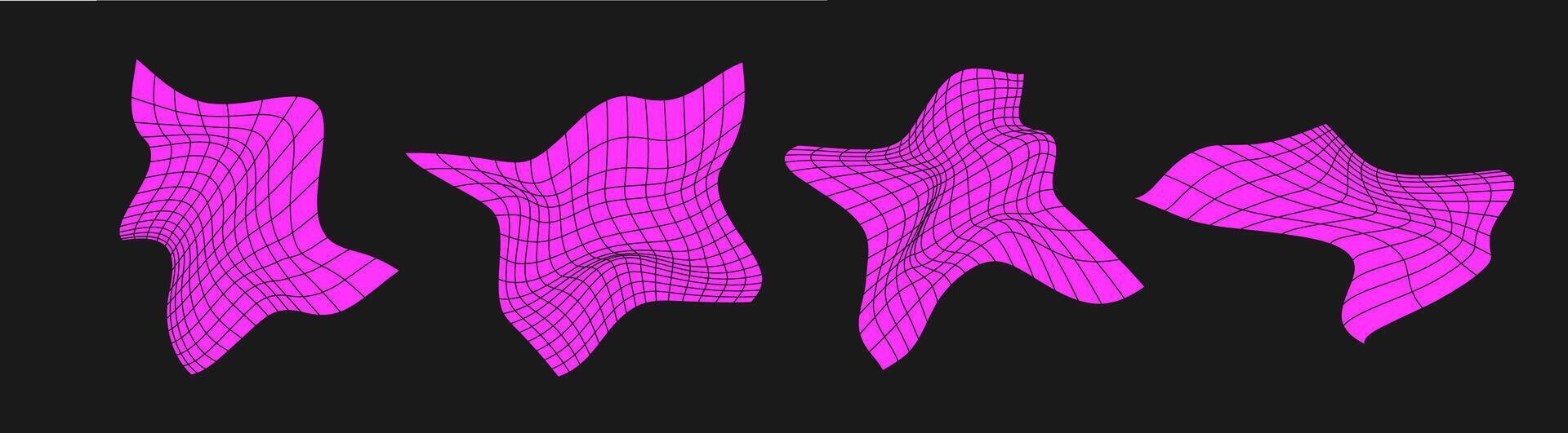 Set of distorted cyber grids. Cyberpunk geometry element y2k style. Isolated pink mesh on black background. Vector fashion illustration.