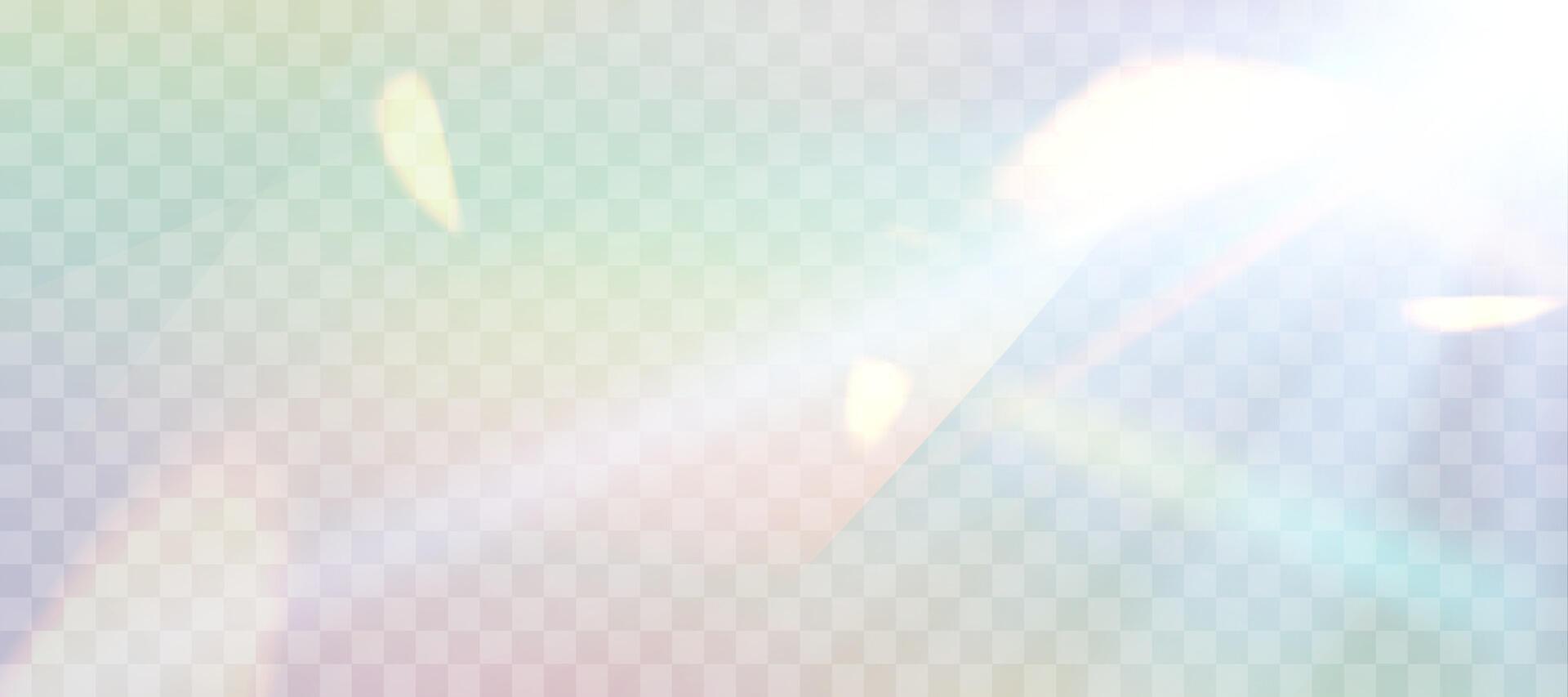 Blurred rainbow refraction overlay effect. Light lens prism effect. Holographic reflection, crystal flare leak shadow overlay. Vector abstract illustration.