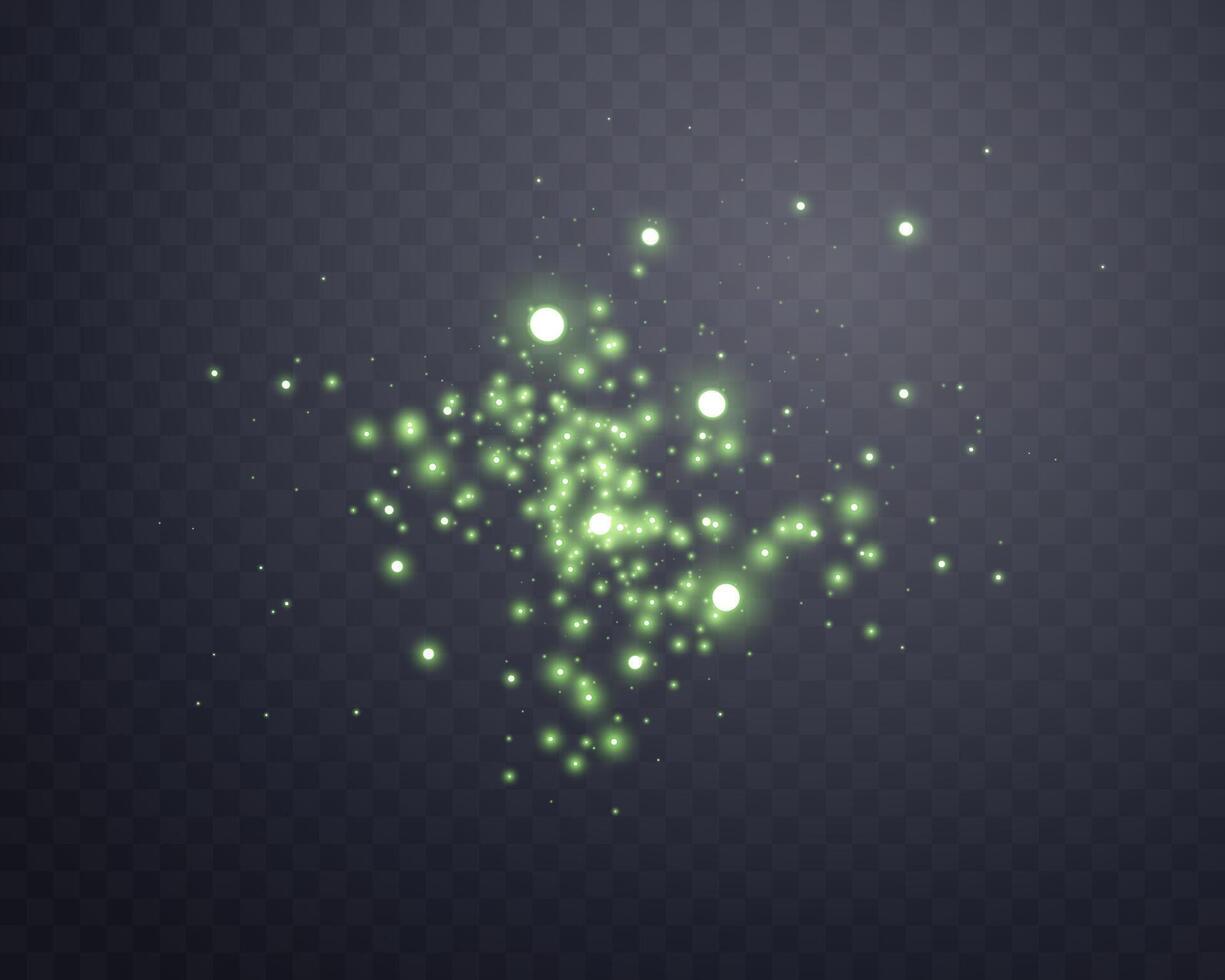 Green glittering dots, particles, stars magic sparks. Glow flare light effect. Green luminous points. Vector particles.