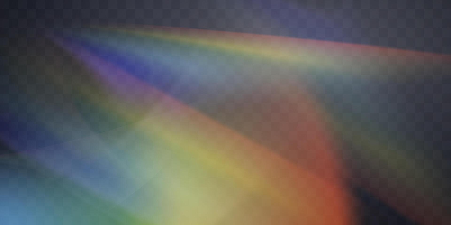 Blurred rainbow refraction overlay. Damaged photo film texture effect. Iridescent gradienton on black background. Vector abstract illustration.