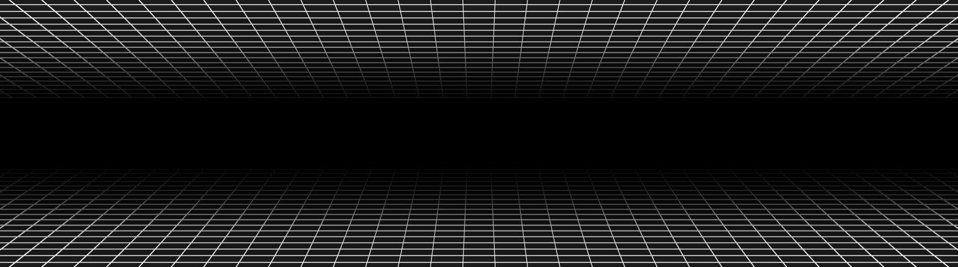 Wireframe perspective grid. White infinity mesh on black background, Abstract retro style. Vector illustration.