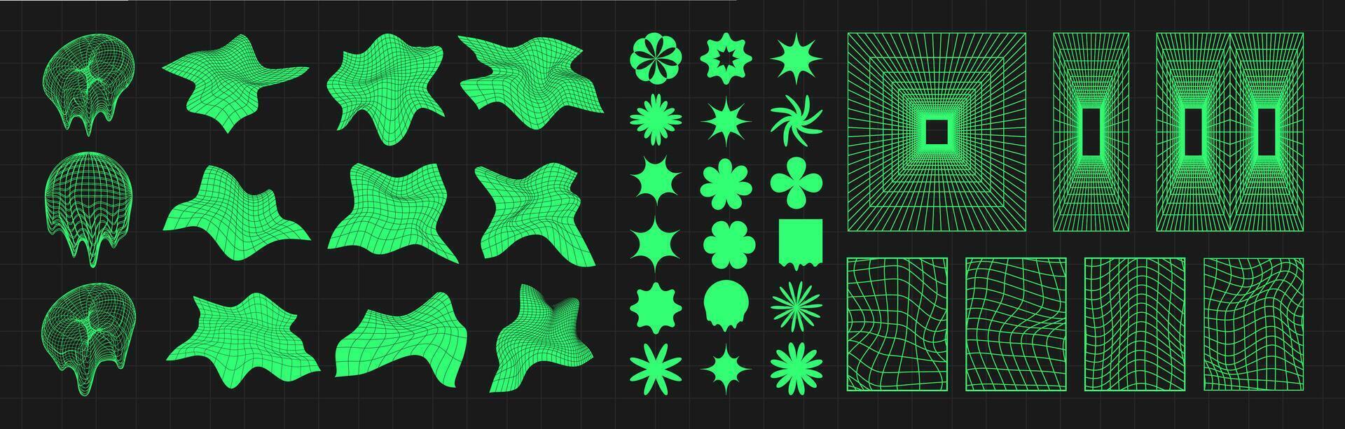 Cyber distorted grid, punk perspective rectangular tunnels and y2k psychedelic elements set. Grid geometry tunnel, elements on black background. Trendy futuristic vector illustration.
