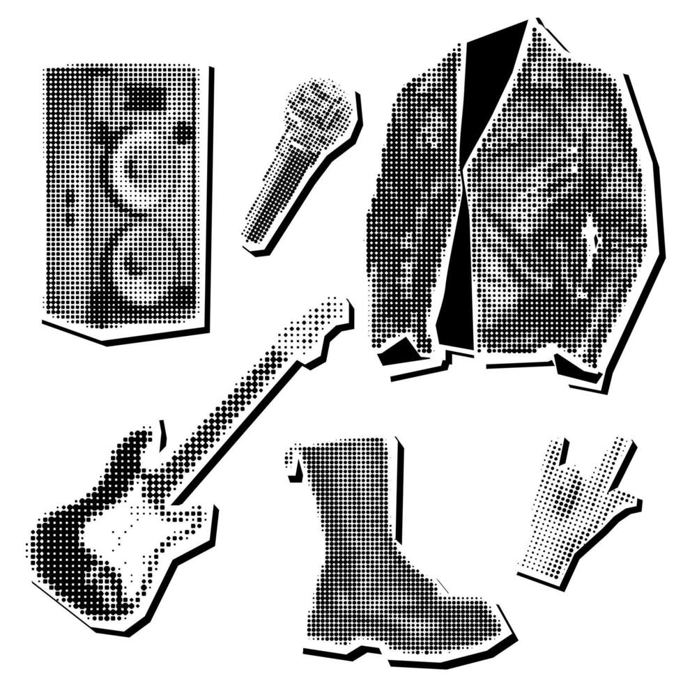 Rock set in a collage in the style of grunge pop art. Black and white image on white. Clothes look like a clipping from a magazine. Bright large and small dots create a figure. Music, style, top, fun vector