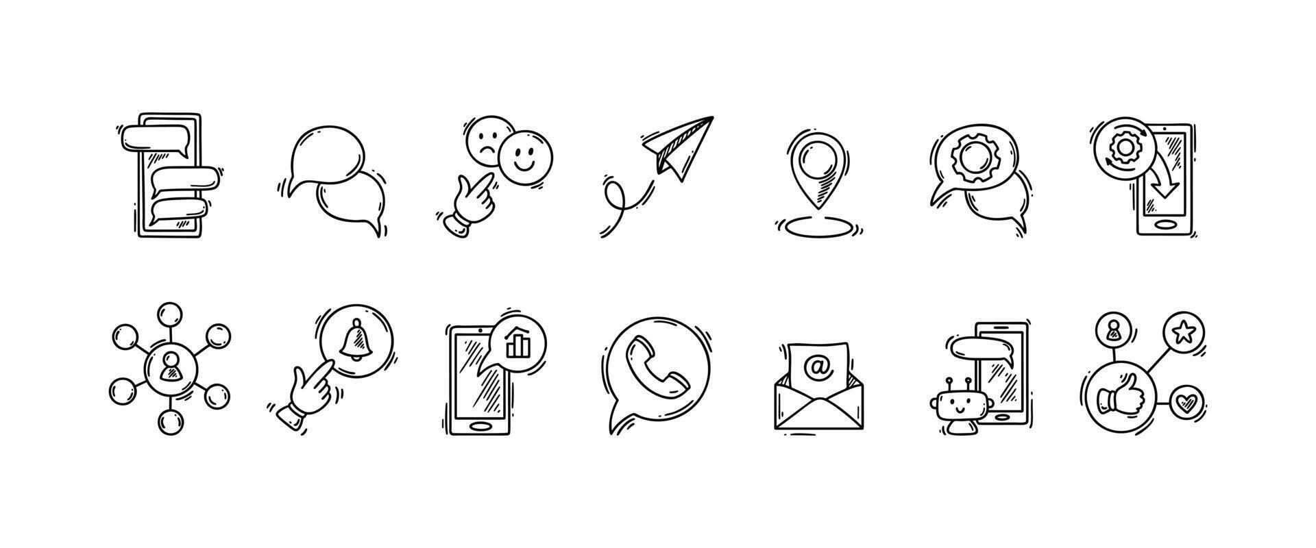 Smartphone using doodle icon set. Hand drawn sketch online robot chatbot, Social media direct messaging and followers, subscribe and enable notifications, download and install application. vector