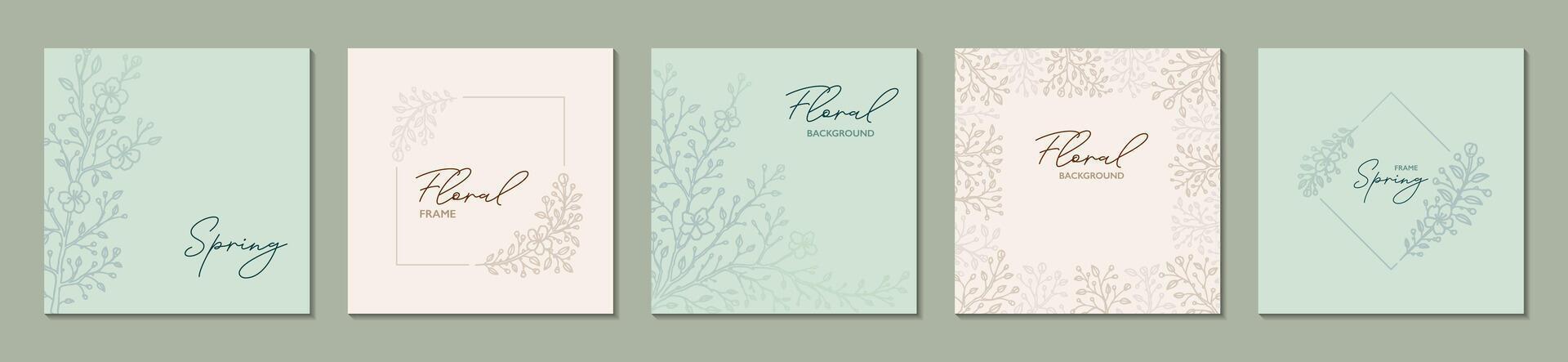 Floral social media post template set. Sakura blossom background in pastel colors. Flower elegant modern design. Greeting card, wedding invitation, corporate certificate, beauty spa salon design vector