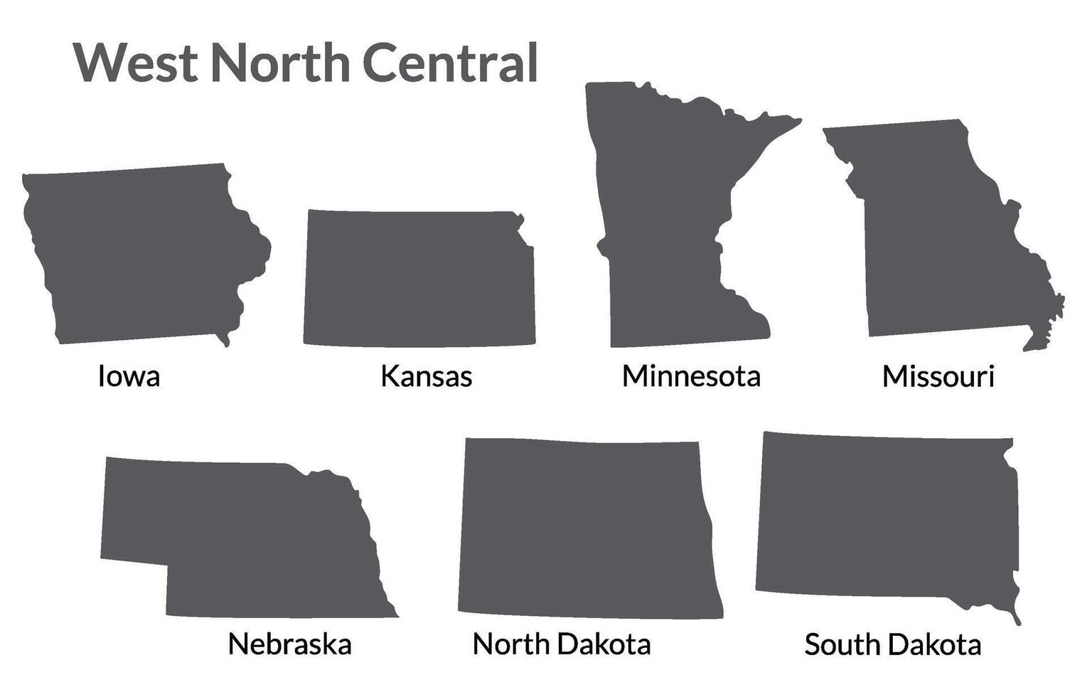 USA states West North Central regions map. vector