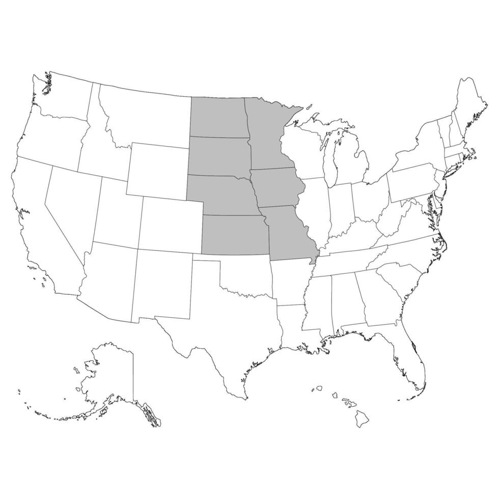 Estados Unidos estados Oeste norte central regiones mapa. vector