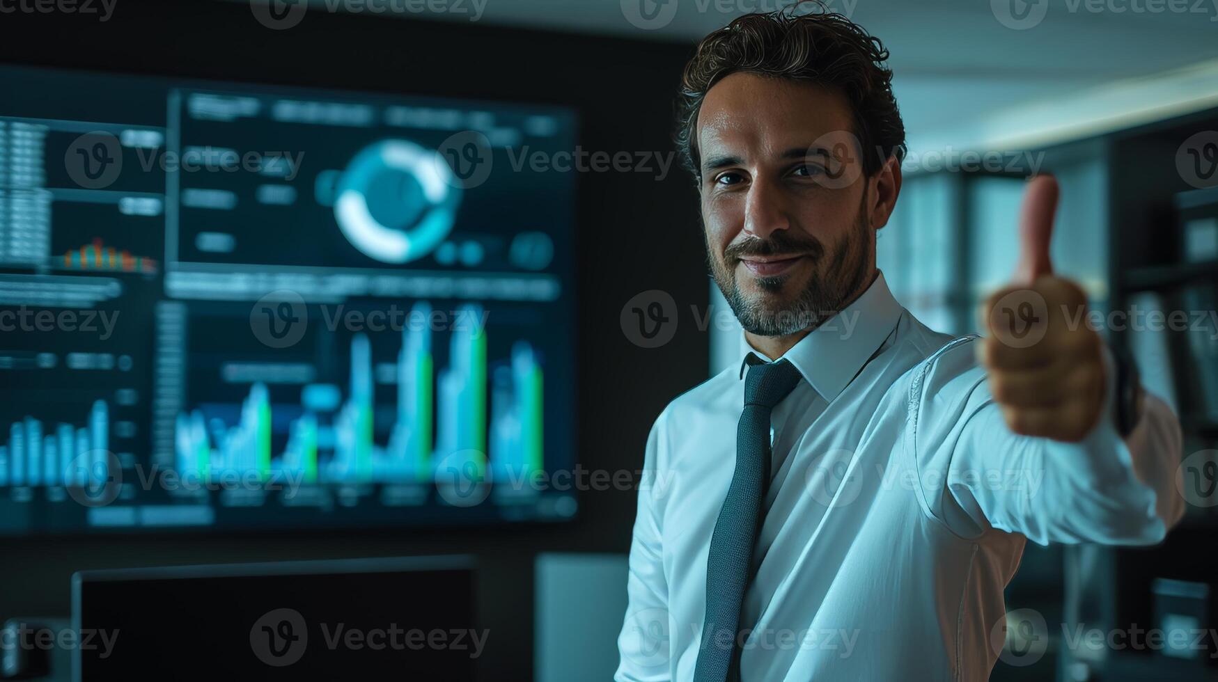 AI generated Successful Trader Showing Thumbs Up Gesture with charts and graphs on screen  financial success photo