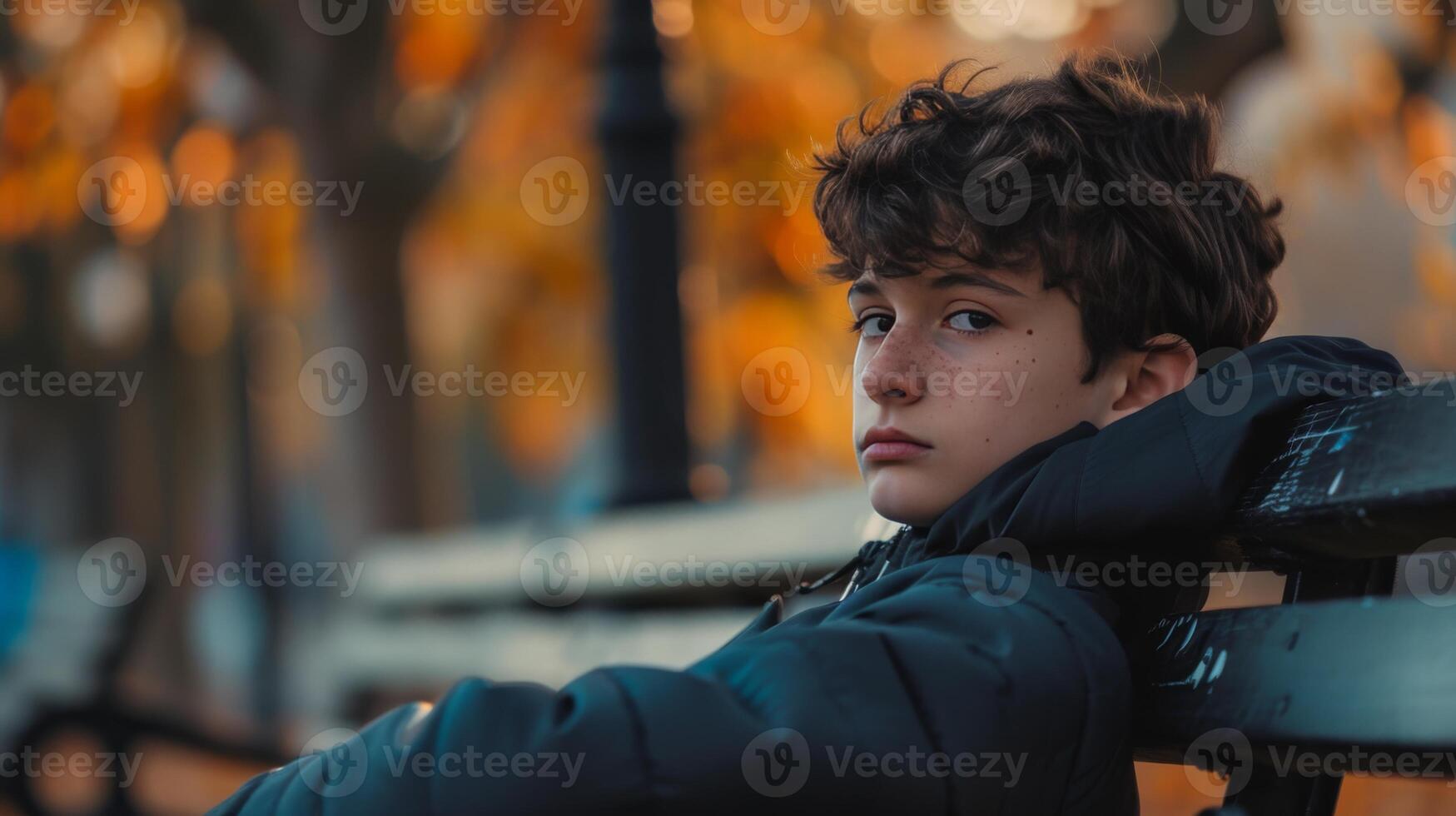 AI generated a teenager man sitting alone on a autumn park bench photo