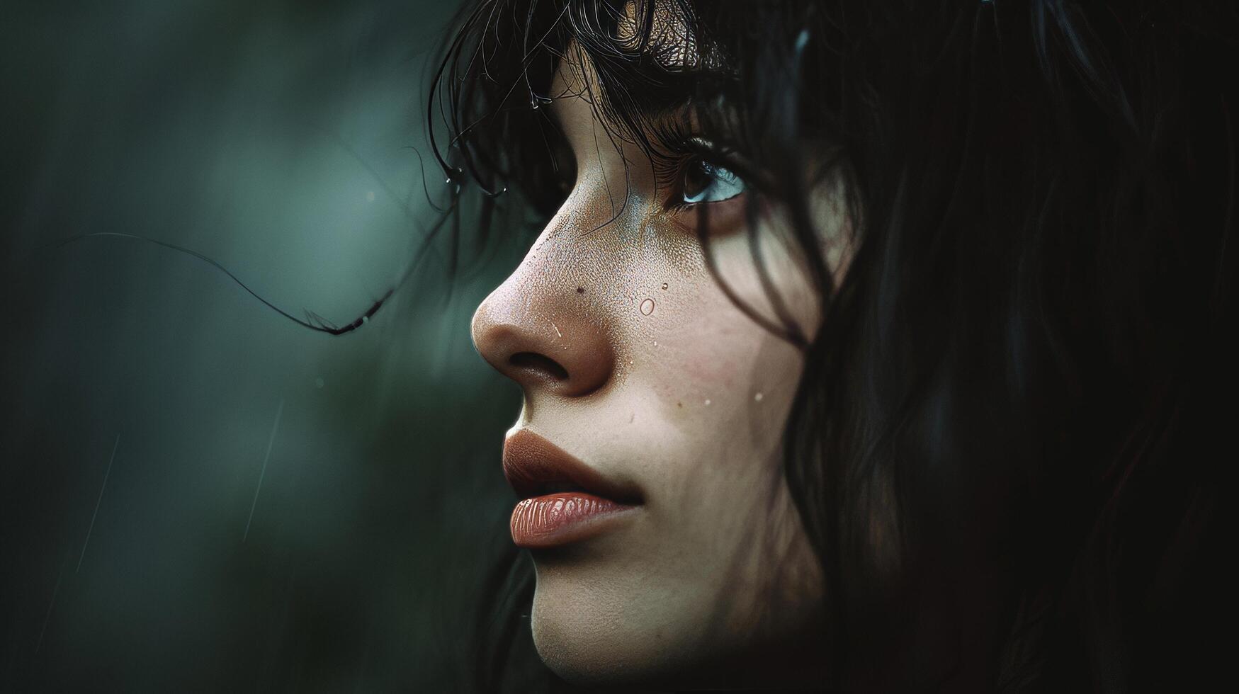 AI generated side view close up of mental breakdown woman staring into the distance dark background photo