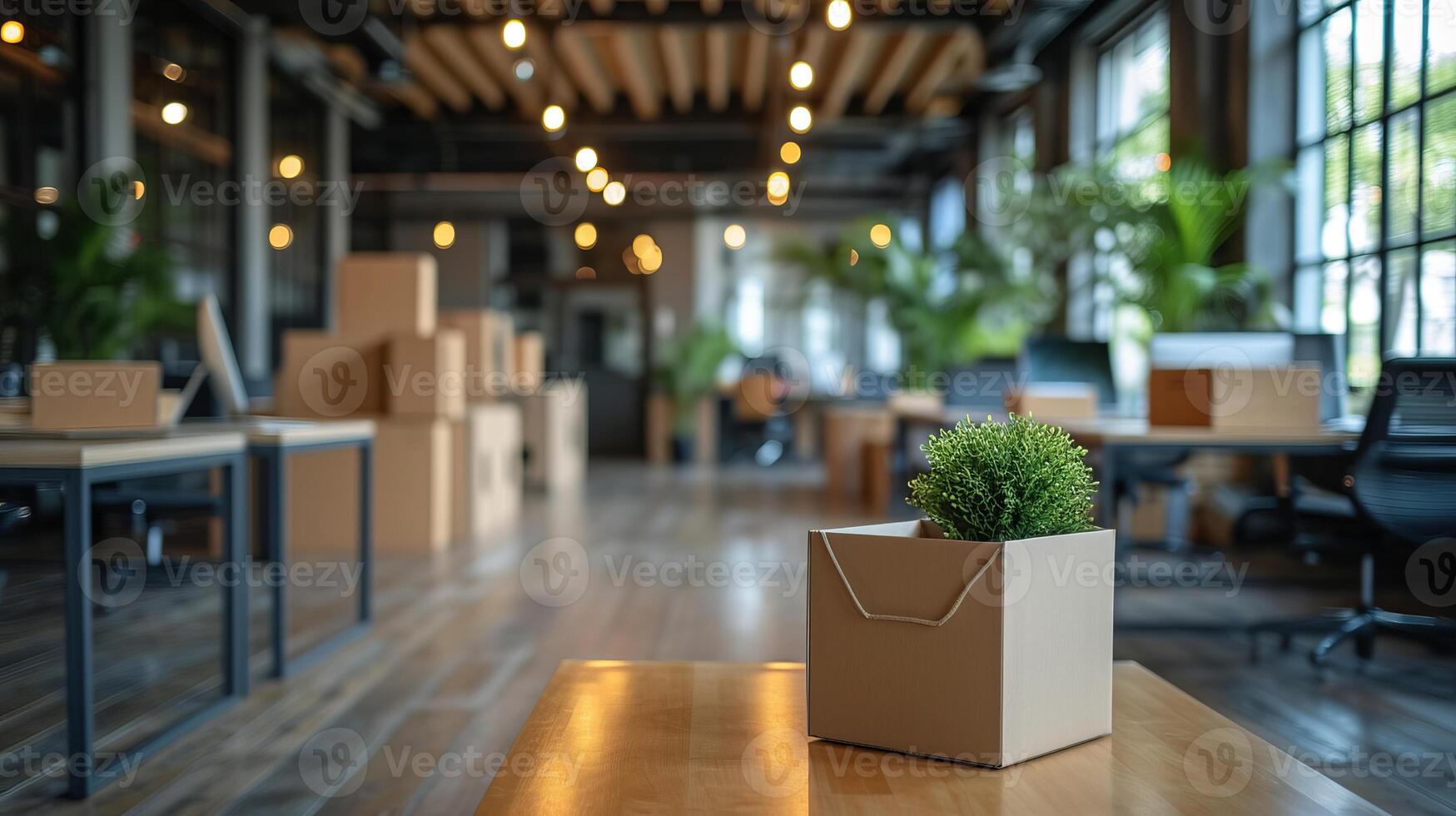 AI generated a company downsizing with packed boxes employees clearing their desks photo