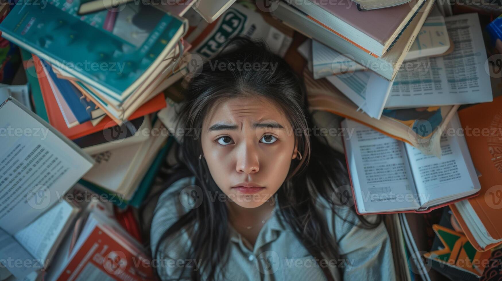 AI generated top view of woman student surrounded by textbooks with educational expenses problem photo