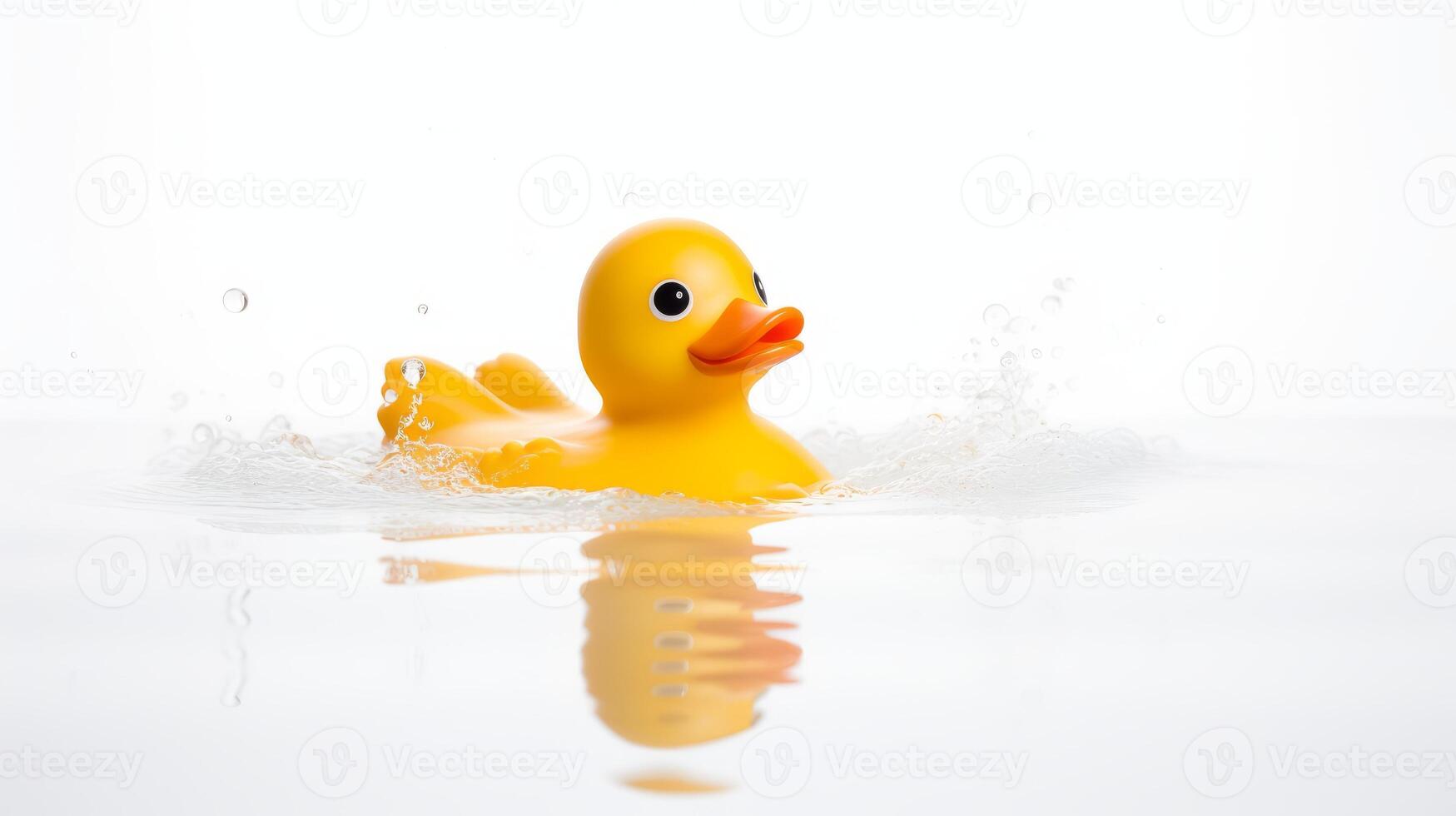 ai generado un amarillo caucho Pato flotadores en agua, creando un chapoteo. foto