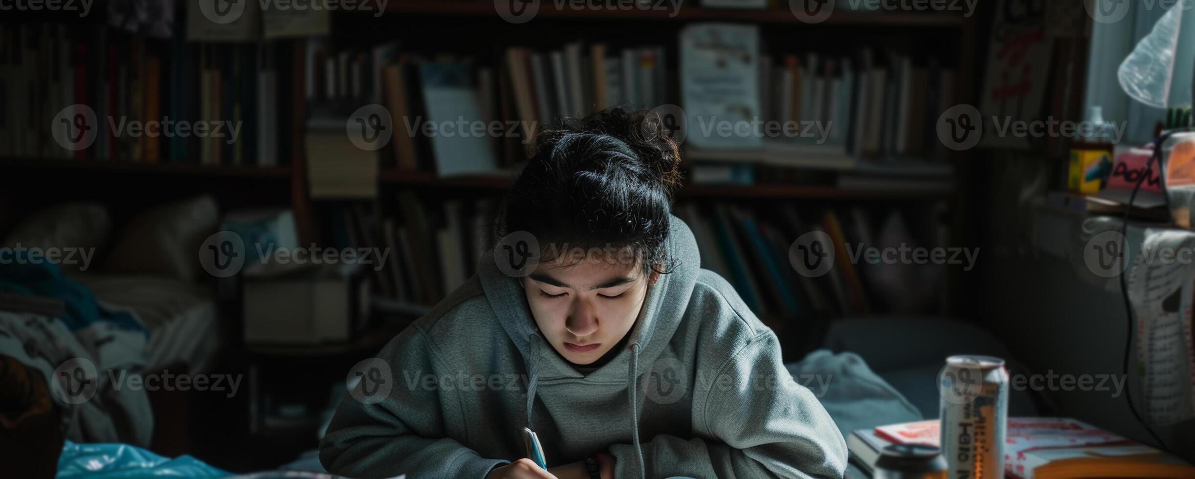 ai generado mujer estudiante estudiar para exámenes antes de fecha límite en pequeño habitación con libros de texto cuadernos foto