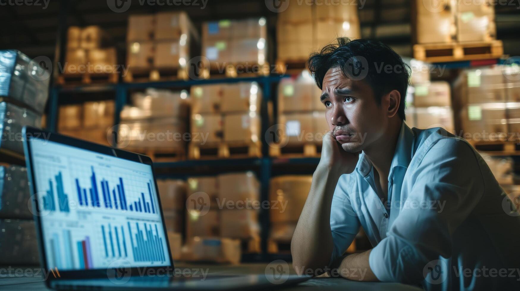 AI generated stress entrepreneur man staring at a laptop screen displaying sales graphs unsold inventory in the background photo