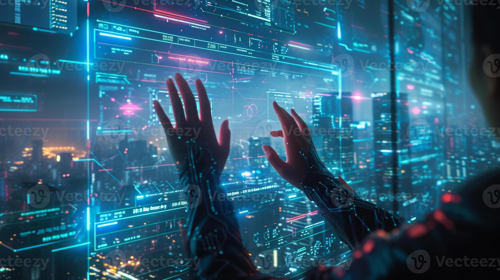 AI generated A City Skyline and a Hologram Screen with a Digital Trading Interface Controlled by a Hand. photo