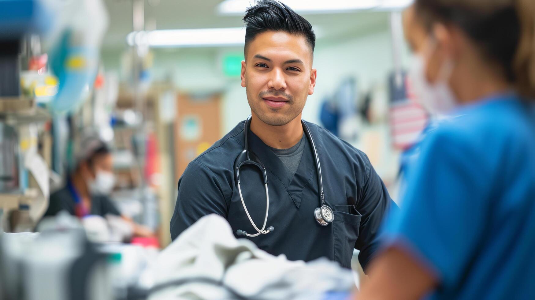 AI generated Healthcare professionals in a busy hospital with medical tools and equipment. photo