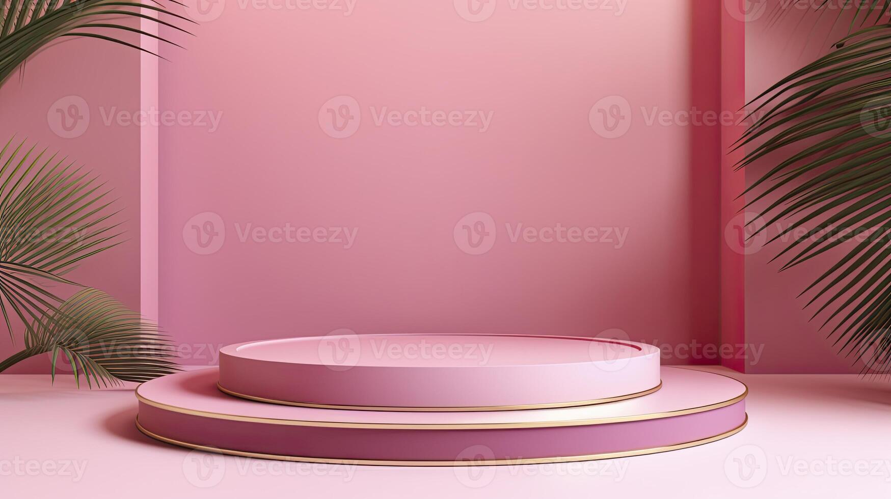 AI generated Abstract sweet pink 3D room with realistic pink cylindrical pedestal podium set and shadow overlay of palm leaves. Minimal scene for product display presentation. 3d rendering, photo