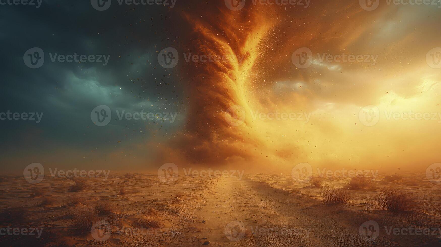 AI generated a sand tornado in the middle of a bright desert during the day, with sand passing through the air. photo