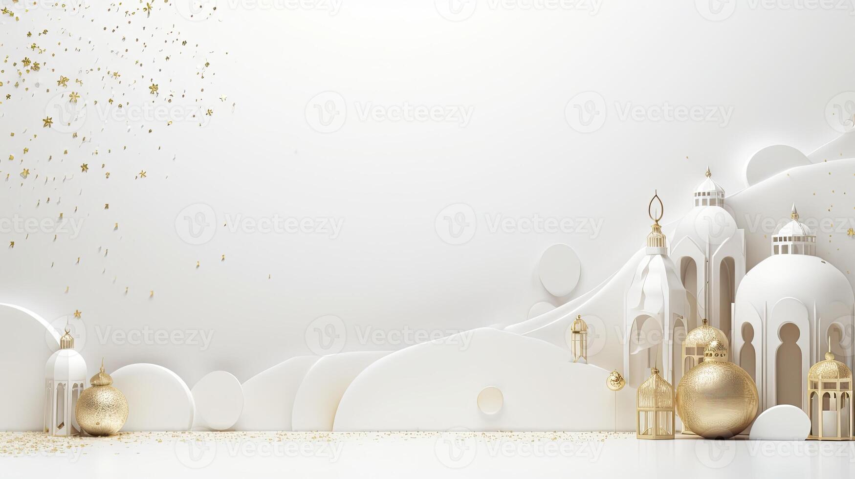 AI generated Ramadan background all white, gold accents. minimalism 3d rendering photo