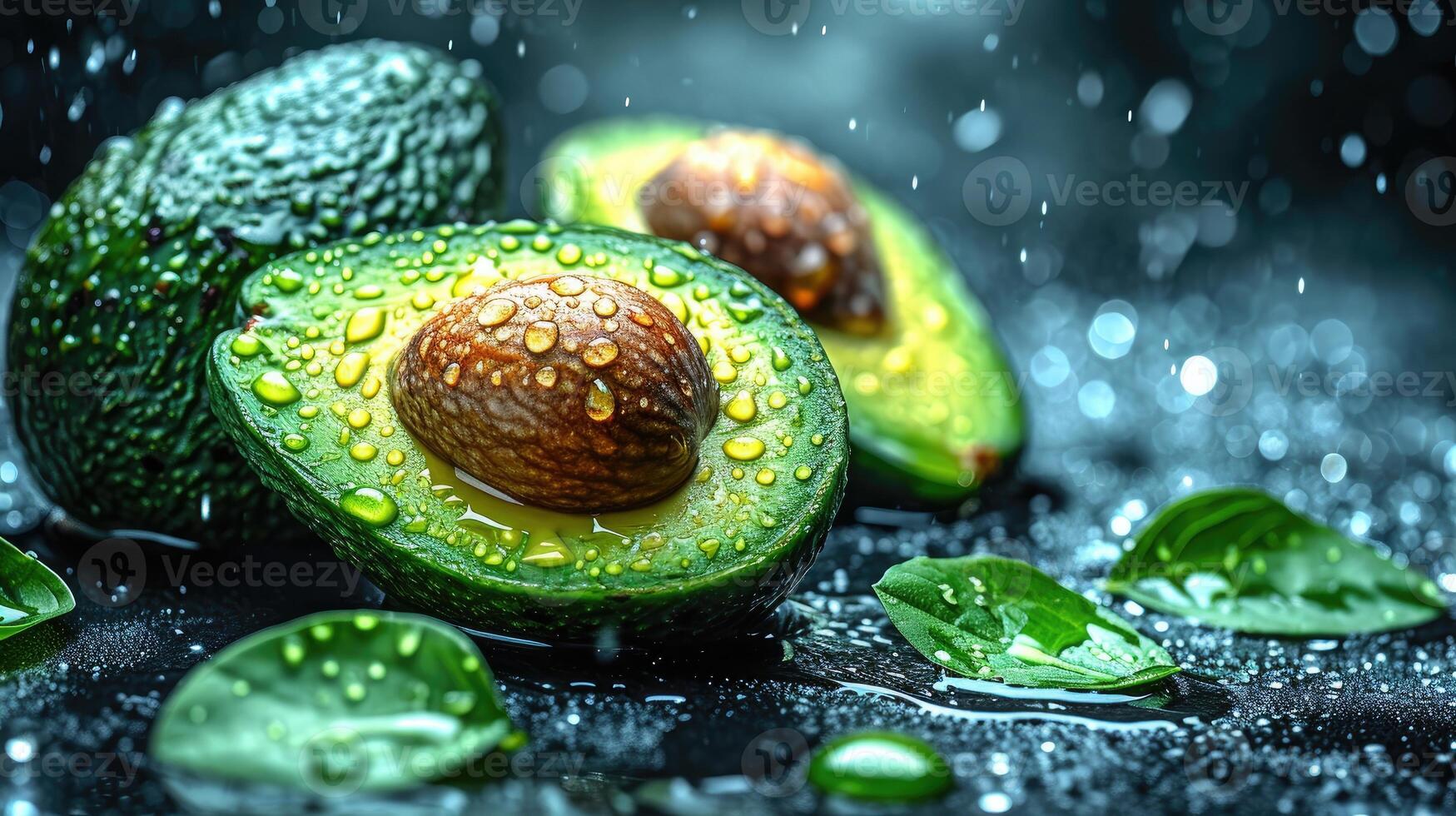 AI generated Beautiful cuts of avocado, a creative layout to emphasize the fruit's softness and deliciousness, a few drops of water. photo