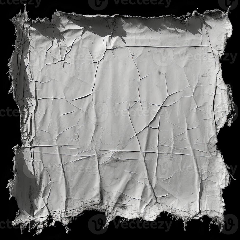 AI generated black and white grunge of a torn white fabric, black background, photo