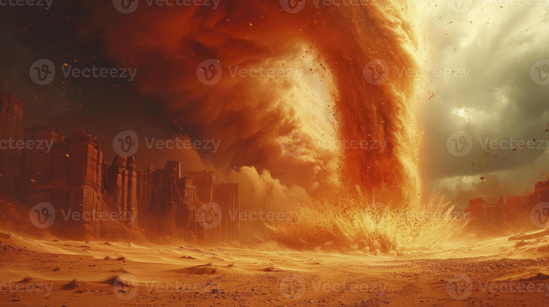AI generated a sand tornado scene in the desert with red sand creating a powerful visual effect. photo