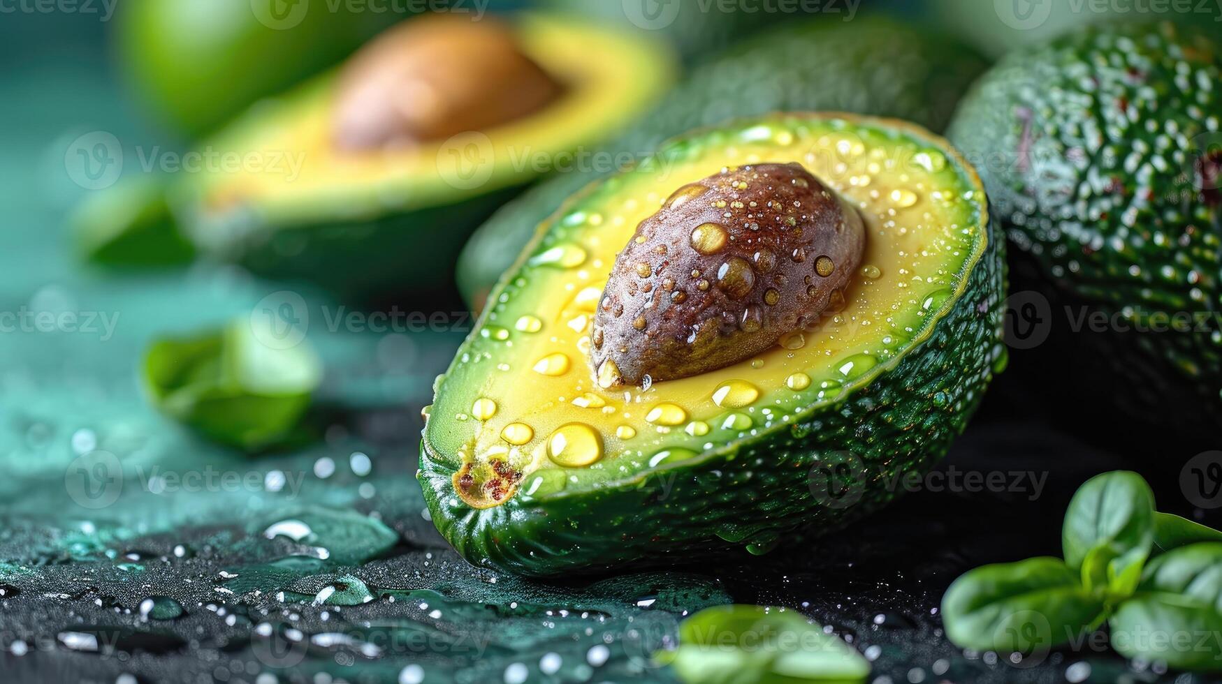 AI generated Beautiful cuts of avocado, a creative layout to emphasize the fruit's softness and deliciousness, a few drops of water. photo