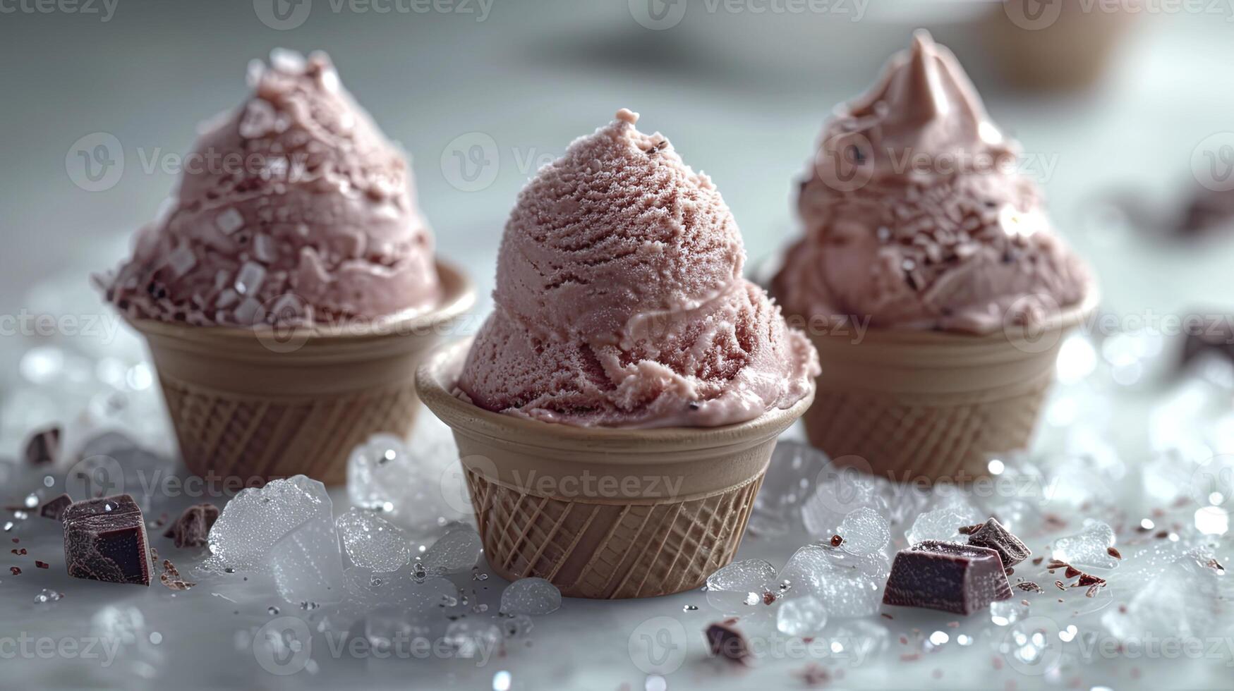 AI generated Delicious chocolate ice cream with ice cubes and choco chips, sweet dessert background. photo