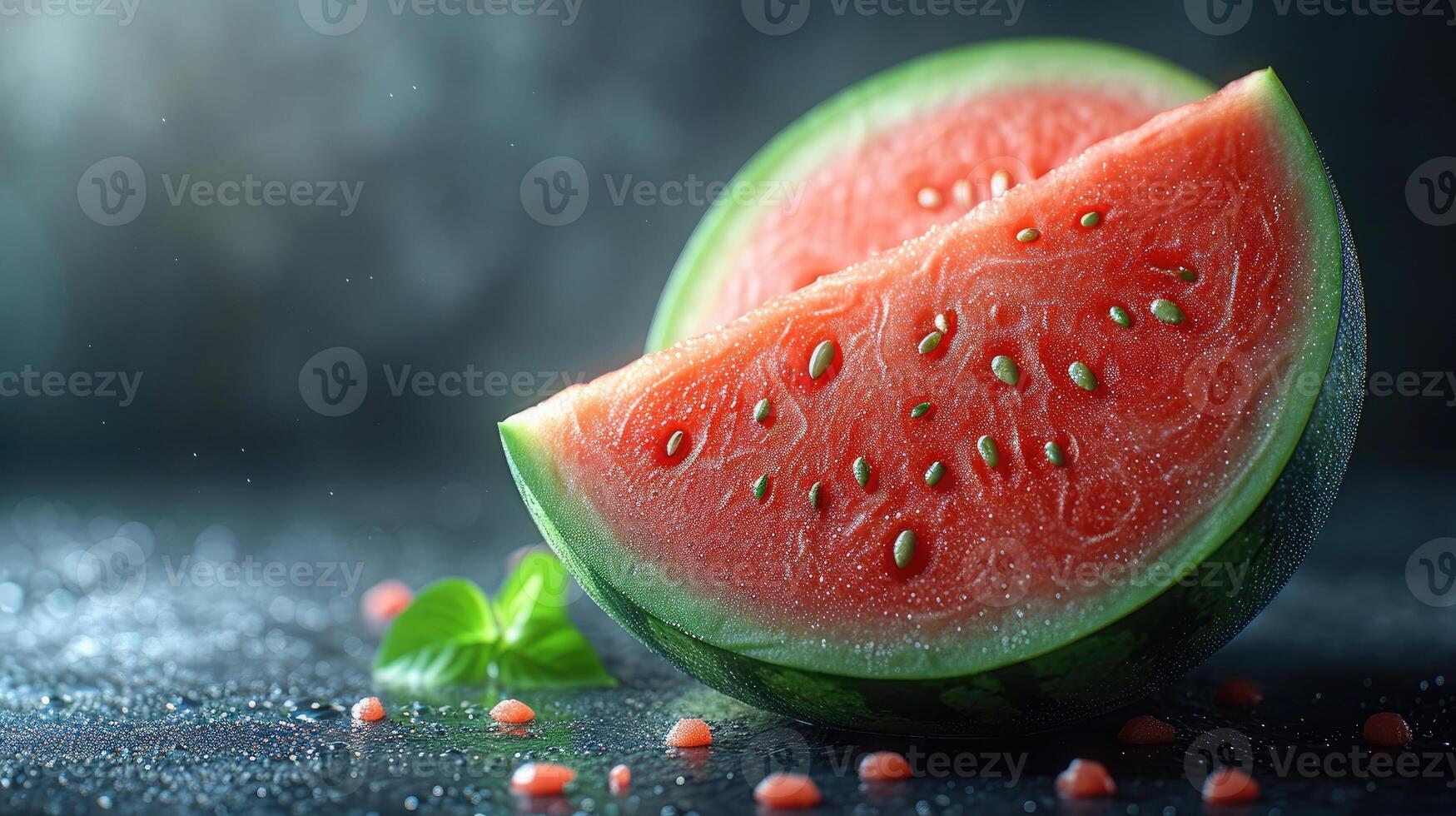 AI generated Slices watermelon with vibrant red and green hues, shot from an overhead perspective. photo