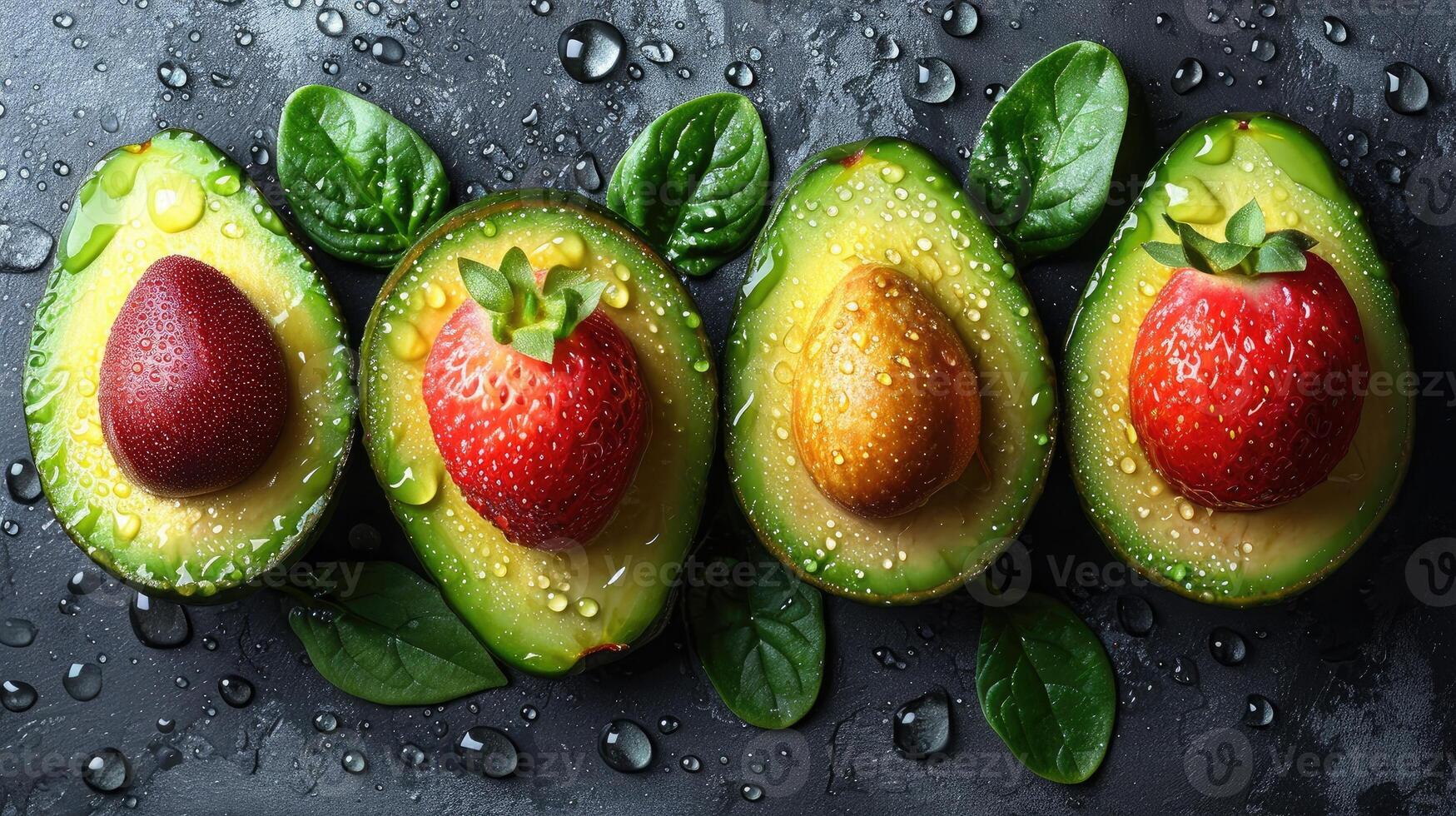 AI generated Beautiful cuts of avocado, a creative layout to emphasize the fruit's softness and deliciousness, a few drops of water. photo